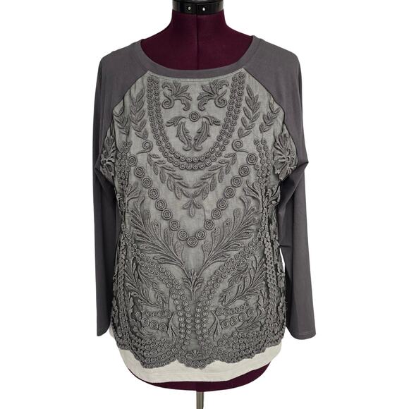 Women's Ruby Rd Gray Mixed Media Long Sleeve Crochet Front Blouse | Size Large - Picture 1 of 11